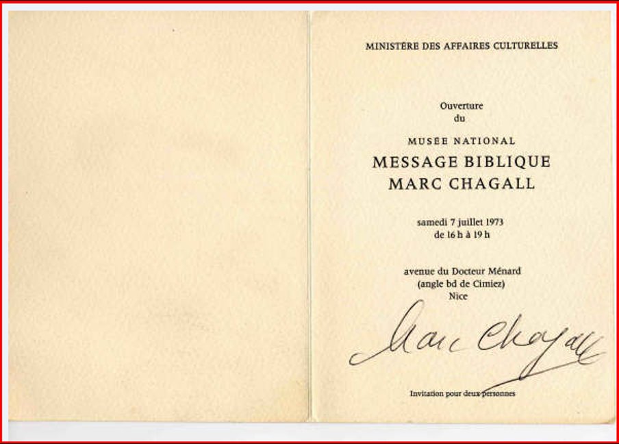 Chagall invitation ouverture musée du Message Biblique 7 juillet 1973 signée